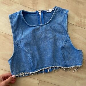 Denim/Rhinestone Fringe Crop Top